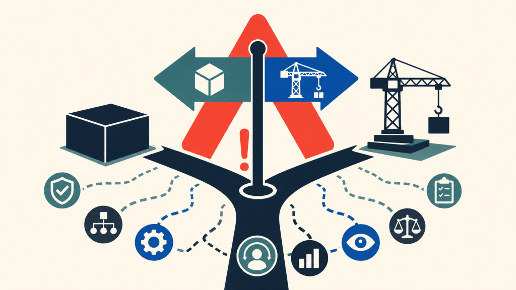 Conceptual illustration of an AI buy-versus-build crossroads with governance and monitoring decisions