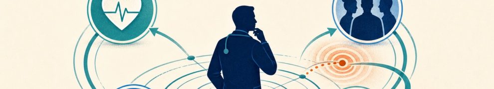 Conceptual systems map linking radiology, patient care, teams, AI, and continuous feedback around a clinician
